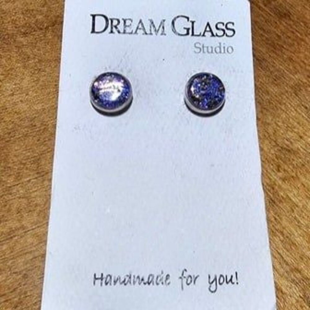 Dream Glass Studio Blue and Copper Tone Dichroic Glass Stud Earrings 925